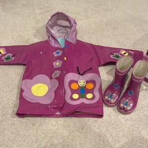 Kidorable 12-18Mo Girl Flower Butterfly Hooded Rain Jacket and Sz 5 Rain Boots